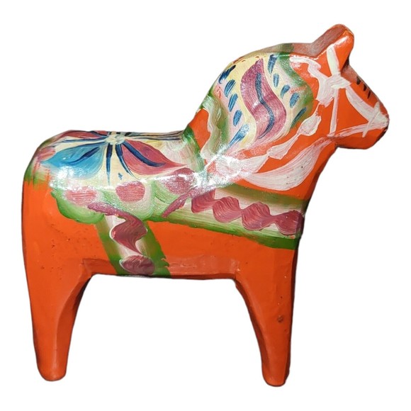 Vintage Orange Dala Miniature Horse Swedish Folk Art Hand Painted Dollhouse - Picture 2 of 9